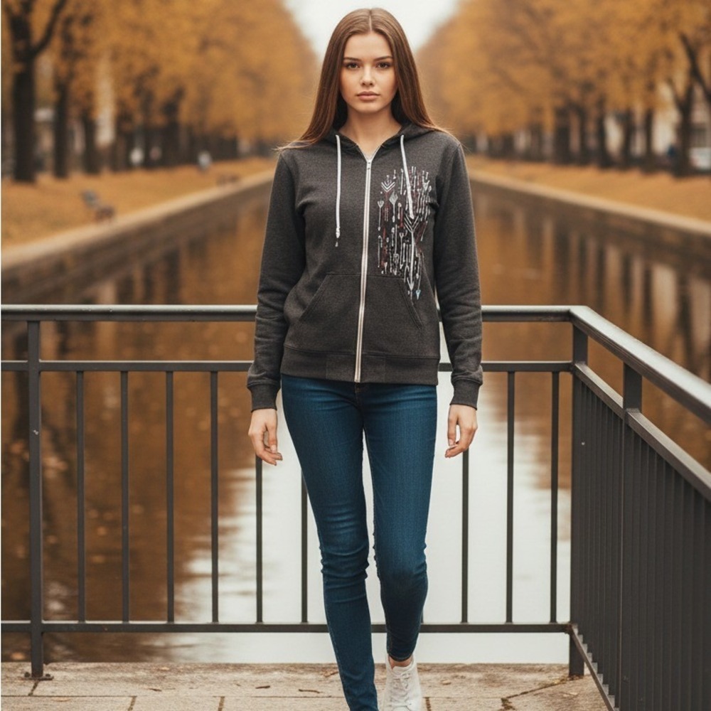 Lifetime Women's Size L Arrow Print Hoodie‎ Sweatshirt Gray Full Zip Streetwear